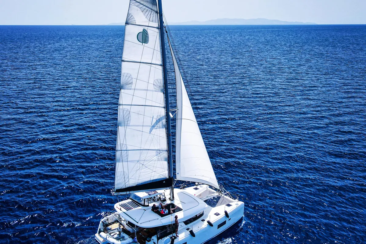 Exterior view of Aurora, a Lagoon 42 catamaran at Athens, Greece