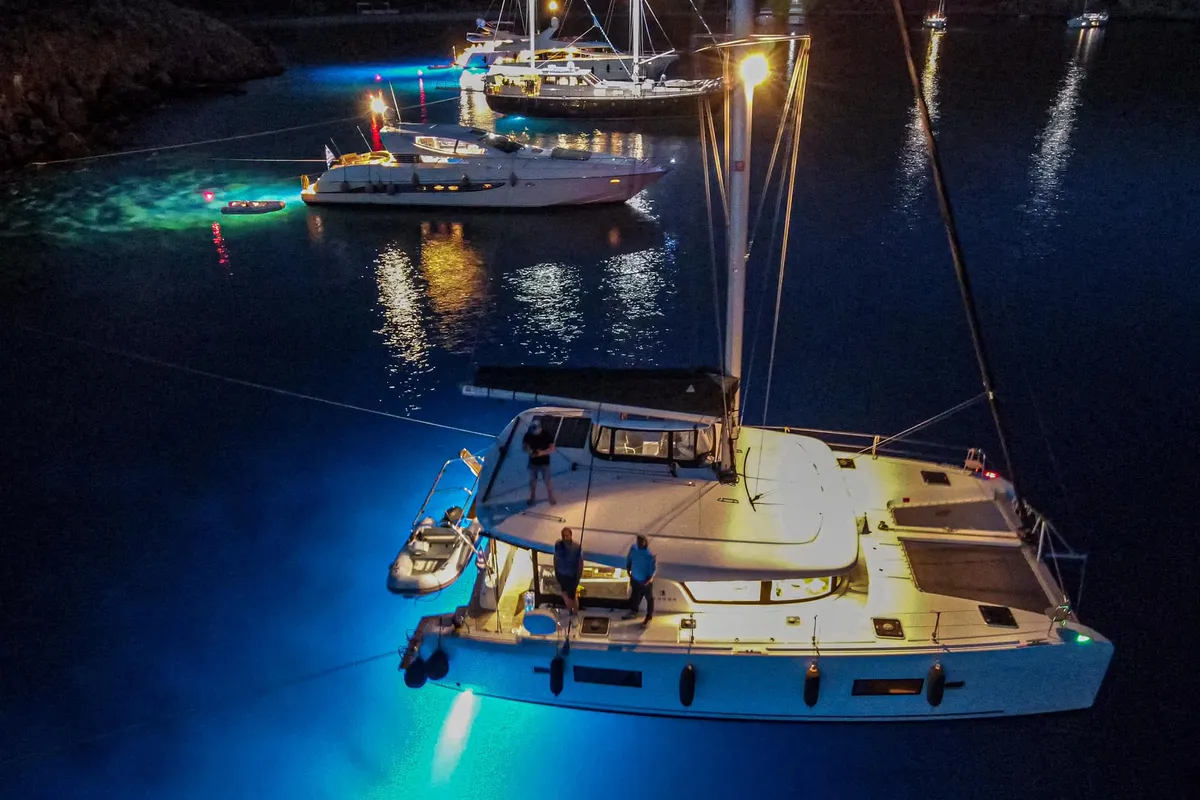 Exterior view of Aurora, a Lagoon 42 catamaran at Athens, Greece