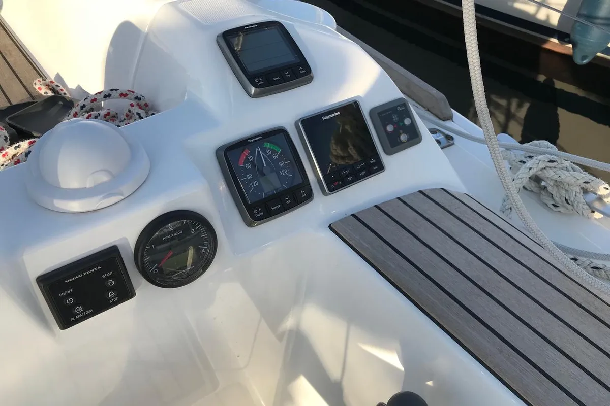 Cockpit of Diniva II, a Dufour 382 GL sailboat at Punat, Croatia