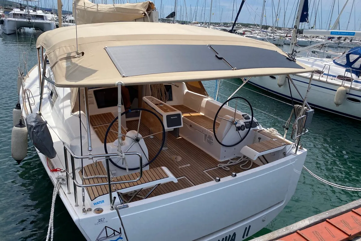 Exterior view of Diniva II, a Dufour 382 GL sailboat at Punat, Croatia