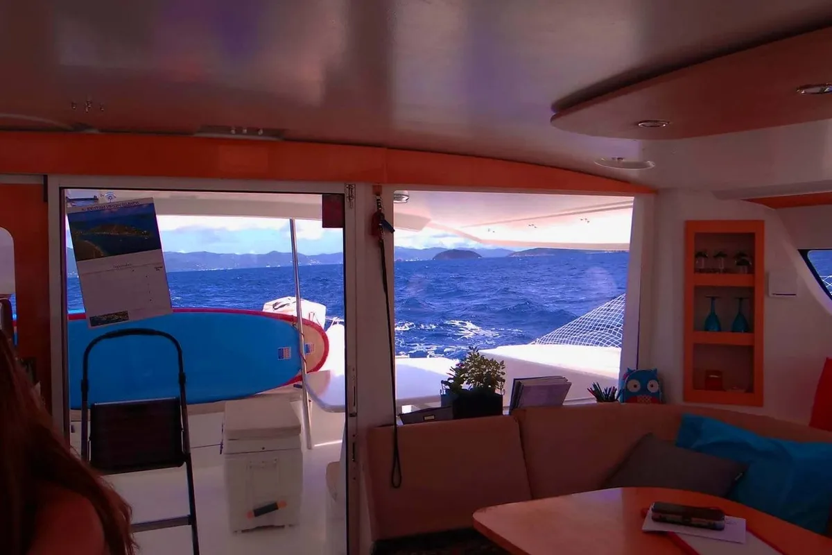 Salon of Zenith, a Fountaine Pajot Salina 48 catamaran at Narganá, Panama