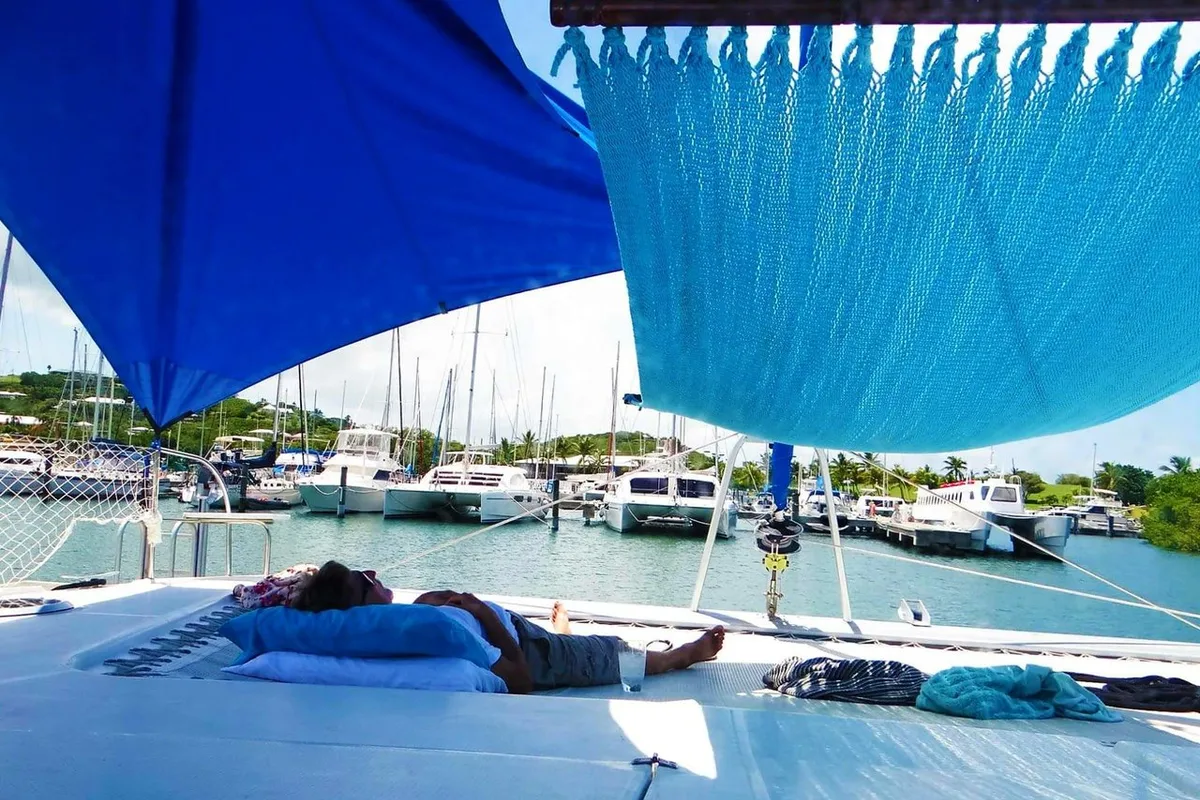 Deck of Zenith, a Fountaine Pajot Salina 48 catamaran at Narganá, Panama