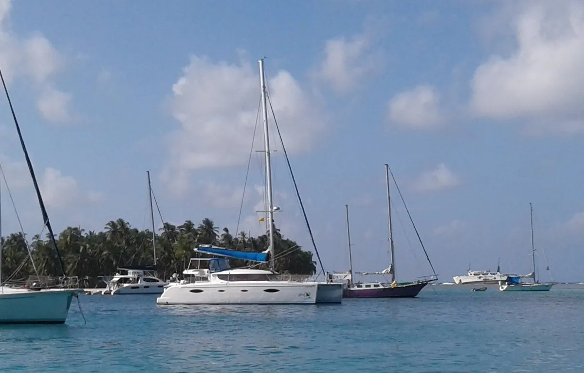 Exterior view of Zenith, a Fountaine Pajot Salina 48 catamaran at Narganá, Panama
