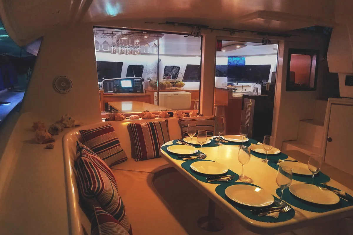 Salon of Zenith, a Fountaine Pajot Salina 48 catamaran at Narganá, Panama