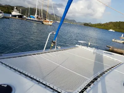 Deck of Zenith, a Fountaine Pajot Salina 48 catamaran at Narganá, Panama