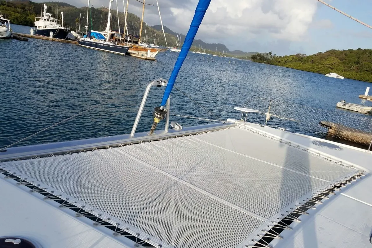 Deck of Zenith, a Fountaine Pajot Salina 48 catamaran at Narganá, Panama