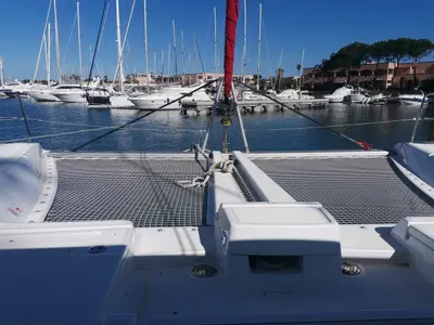 Deck of Bambenella, a Lagoon 46 catamaran at Tonnarella, Italy