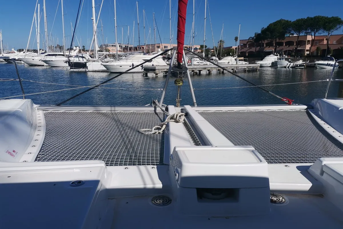 Deck of Bambenella, a Lagoon 46 catamaran at Tonnarella, Italy