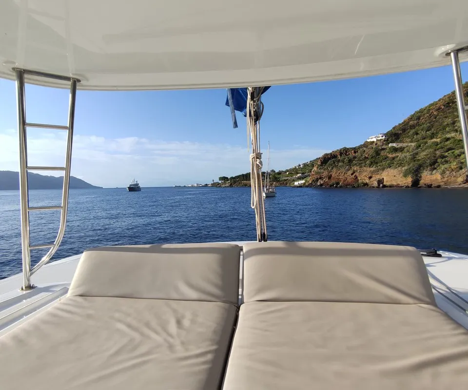Deck of Bambenella, a Lagoon 46 catamaran at Tonnarella, Italy