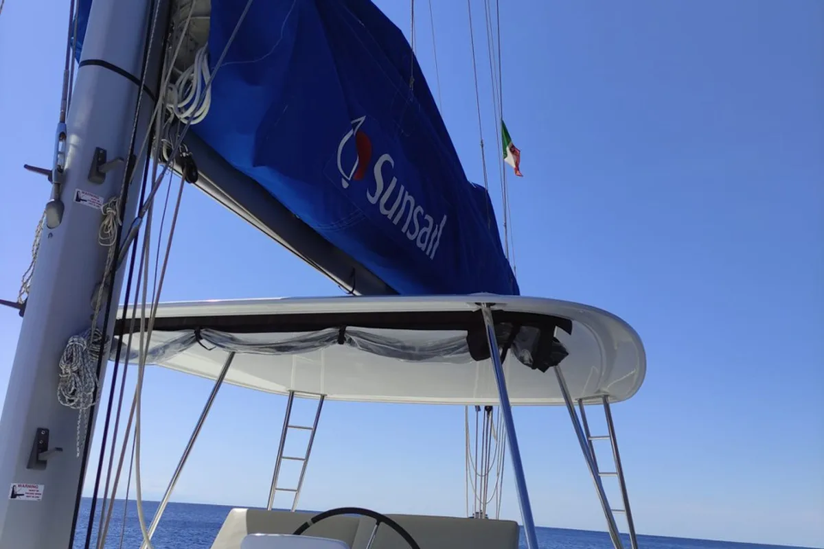 Deck of Bambenella, a Lagoon 46 catamaran at Tonnarella, Italy