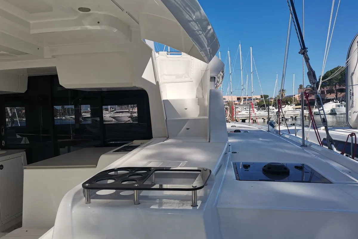 Deck of Bambenella, a Lagoon 46 catamaran at Tonnarella, Italy