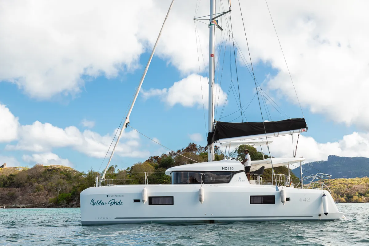 Exterior view of Golden Bride, a Lagoon 42 catamaran at Roche Caiman, Seychelles