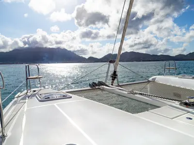 Deck of Golden Bride, a Lagoon 42 catamaran at Roche Caiman, Seychelles