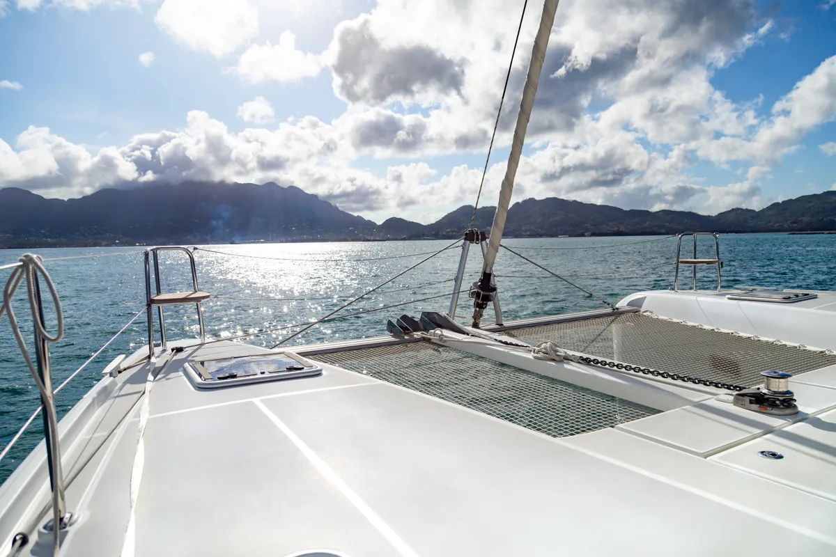 Deck of Golden Bride, a Lagoon 42 catamaran at Roche Caiman, Seychelles