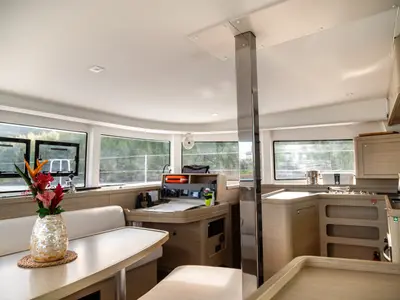 Salon of Golden Bride, a Lagoon 42 catamaran at Roche Caiman, Seychelles