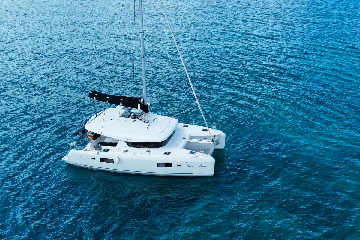 Exterior view of Golden Bride, a Lagoon 42 catamaran at Roche Caiman, Seychelles