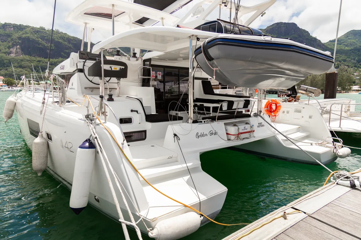 Exterior view of Golden Bride, a Lagoon 42 catamaran at Roche Caiman, Seychelles