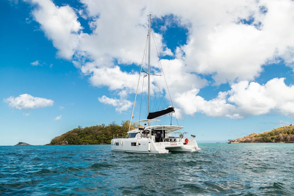 Exterior view of Golden Bride, a Lagoon 42 catamaran at Roche Caiman, Seychelles
