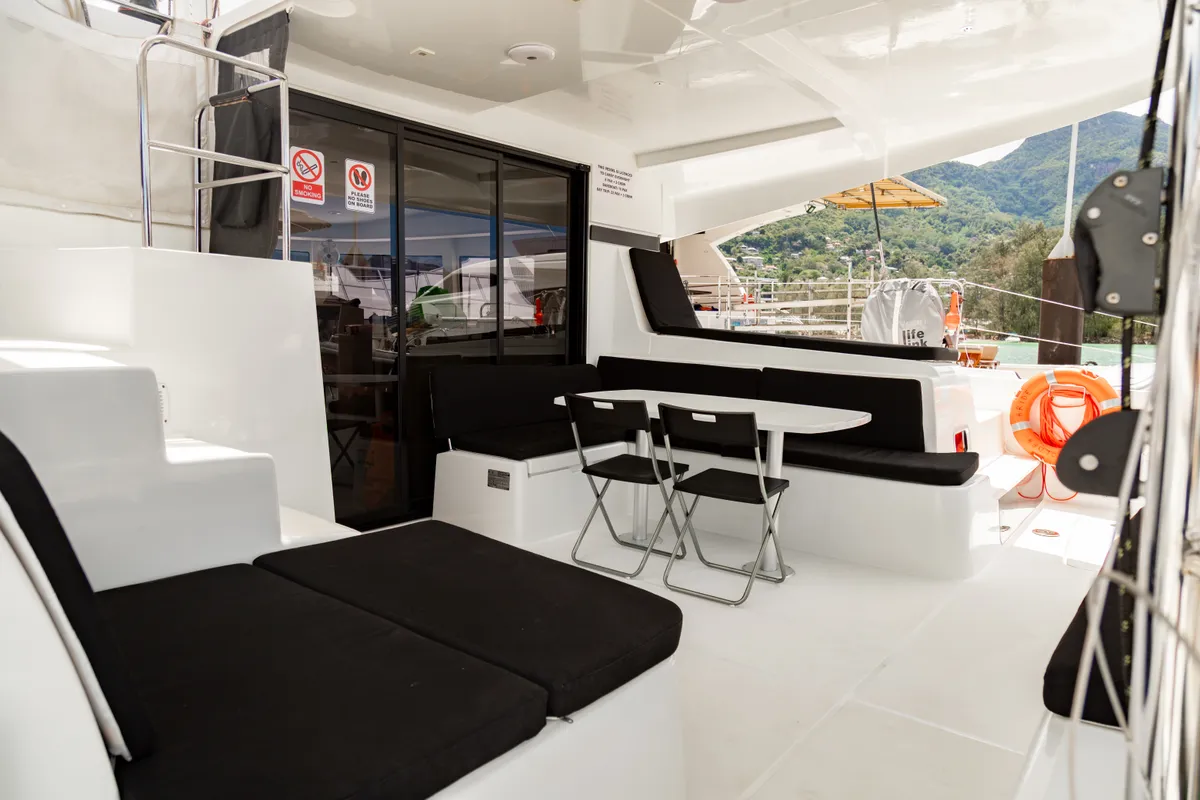 Deck of Golden Bride, a Lagoon 42 catamaran at Roche Caiman, Seychelles