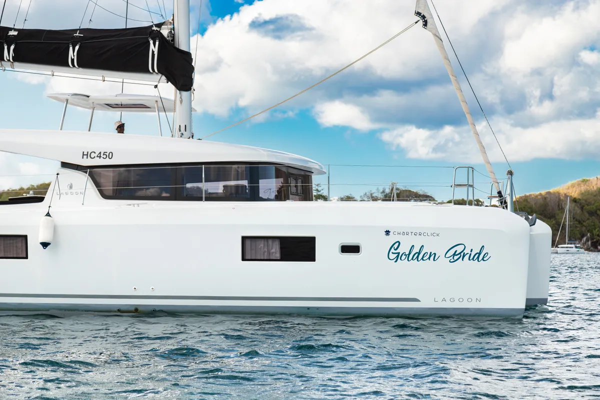 Exterior view of Golden Bride, a Lagoon 42 catamaran at Roche Caiman, Seychelles
