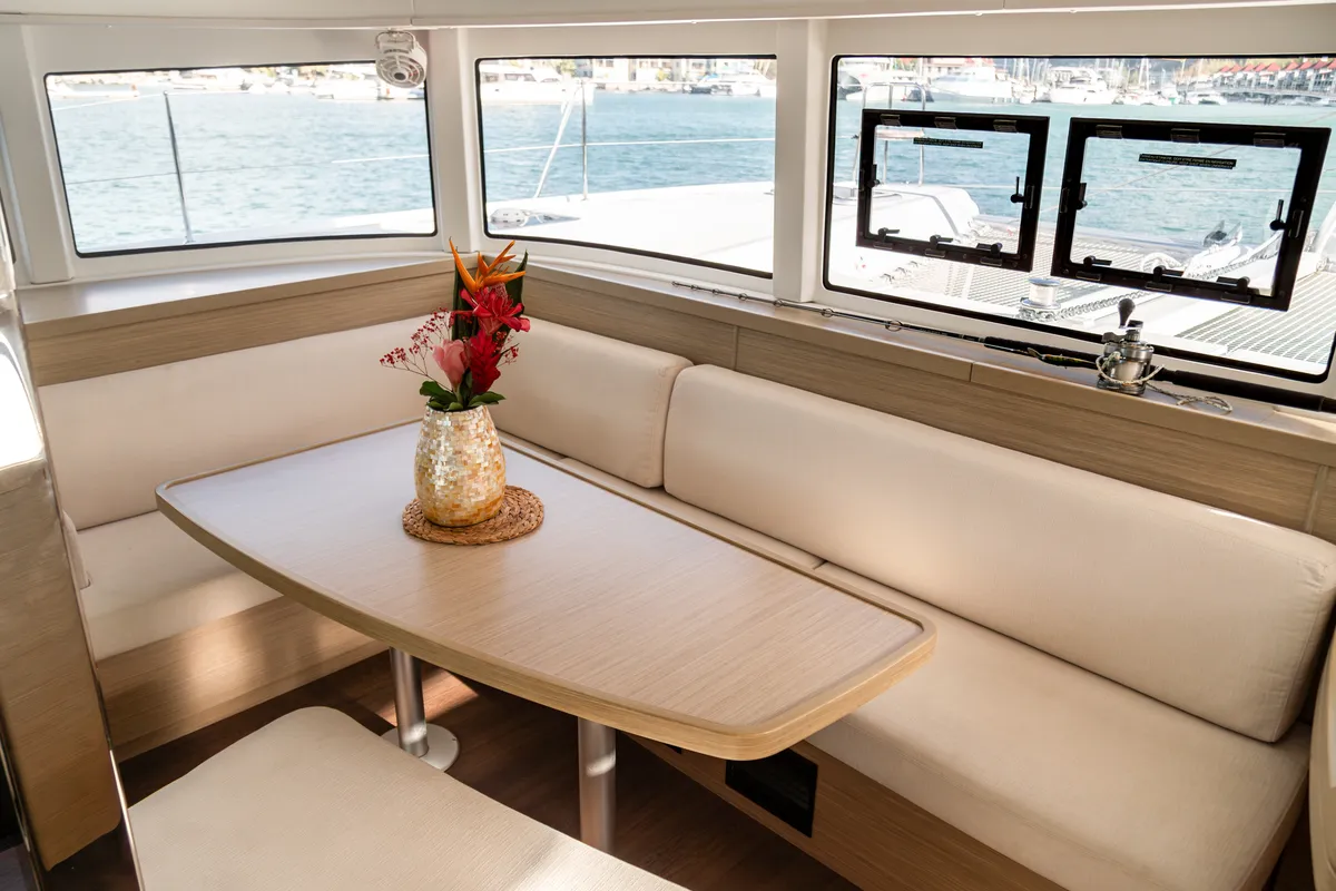 Salon of Golden Bride, a Lagoon 42 catamaran at Roche Caiman, Seychelles