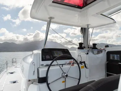 Cockpit of Golden Bride, a Lagoon 42 catamaran at Roche Caiman, Seychelles