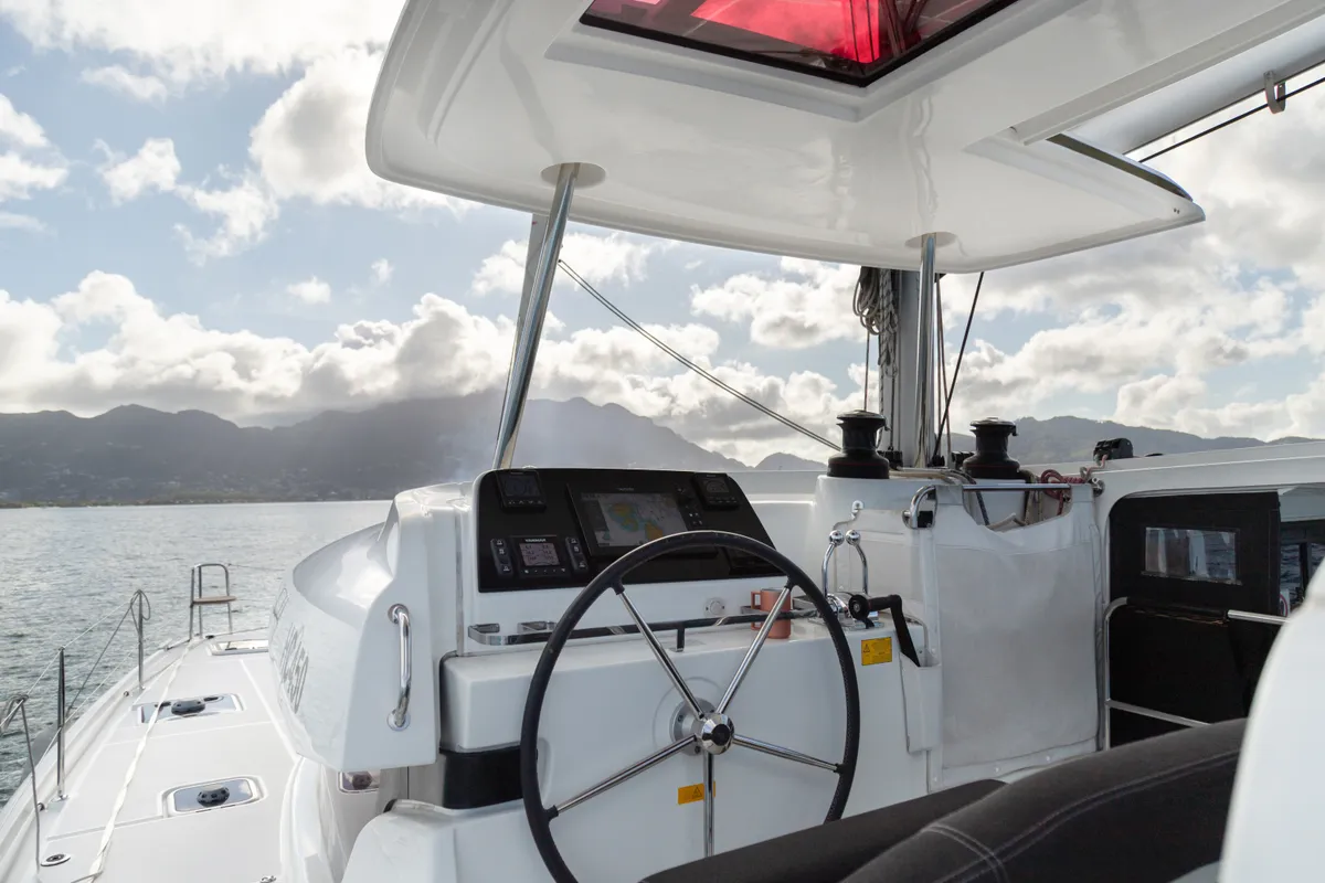 Cockpit of Golden Bride, a Lagoon 42 catamaran at Roche Caiman, Seychelles