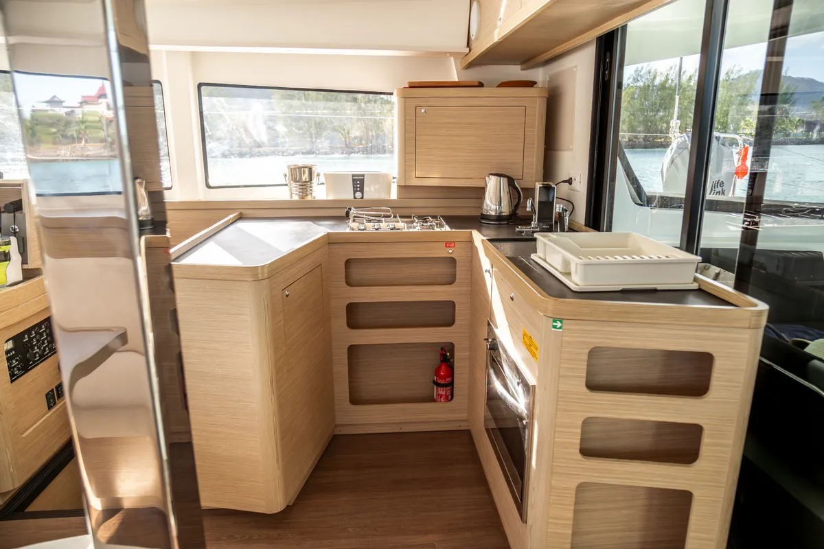 Galley of Golden Bride, a Lagoon 42 catamaran at Roche Caiman, Seychelles