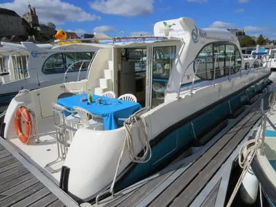 Deck of Chorus, a Nicols Estivale Octo motorboat at Grez-Neuville, France