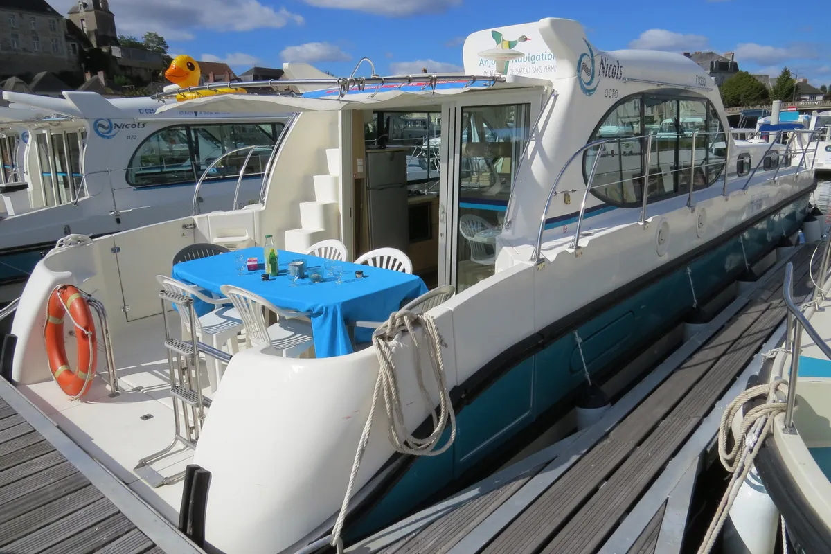 Deck of Chorus, a Nicols Estivale Octo motorboat at Grez-Neuville, France