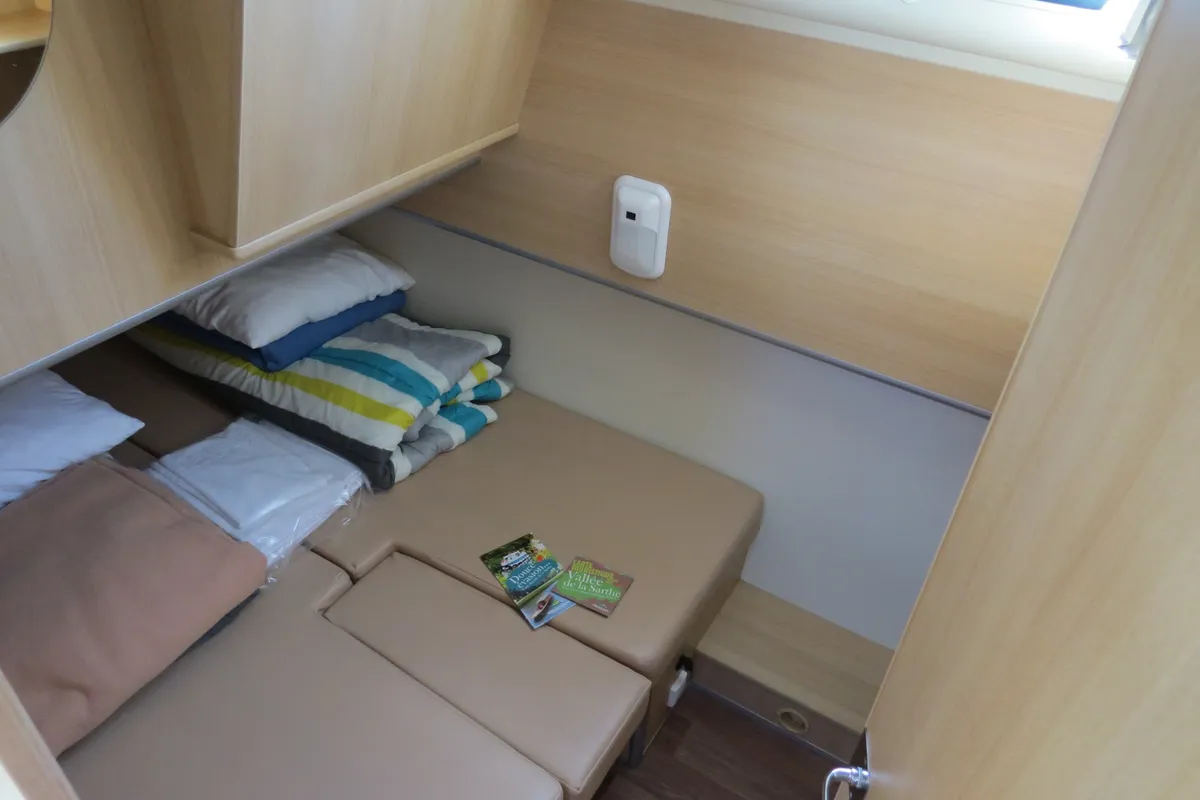 Cabin on Chorus, a Nicols Estivale Octo motorboat at Grez-Neuville, France