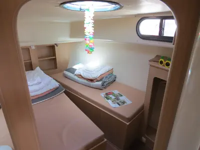 Cabin on Chorus, a Nicols Estivale Octo motorboat at Grez-Neuville, France