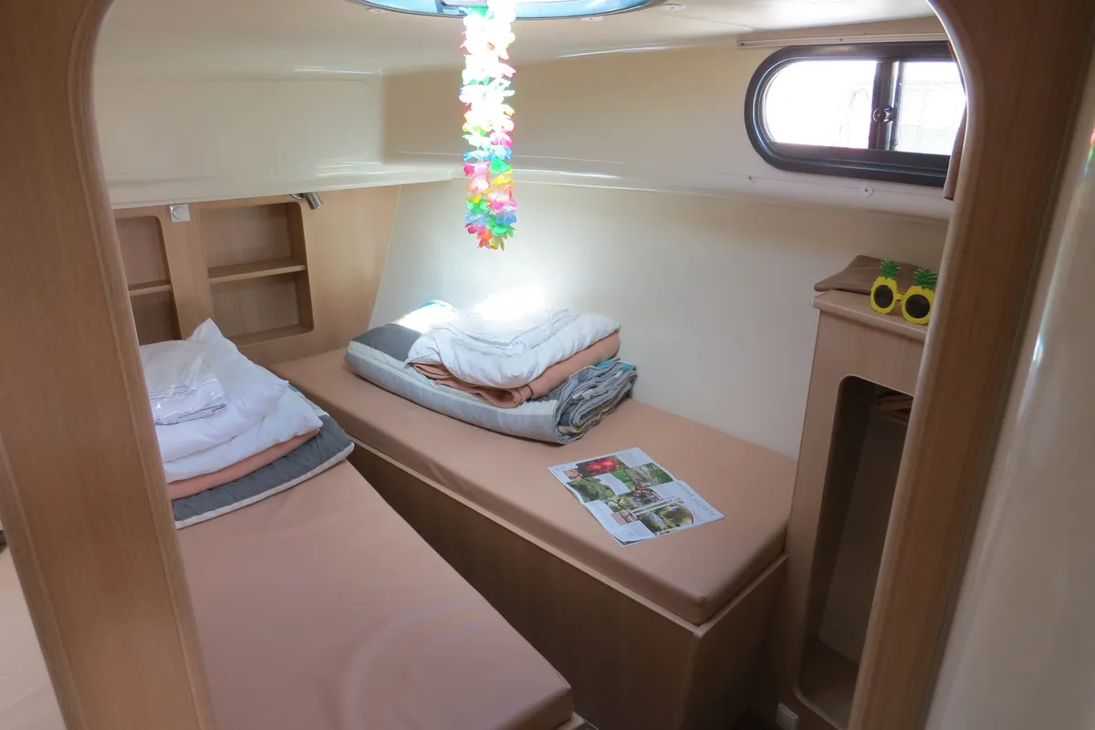 Cabin on Chorus, a Nicols Estivale Octo motorboat at Grez-Neuville, France