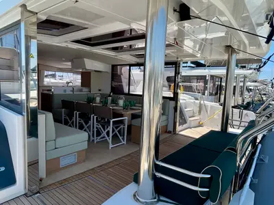 Salon of Romar IV, a Bali 4.8 catamaran at Athens, Greece