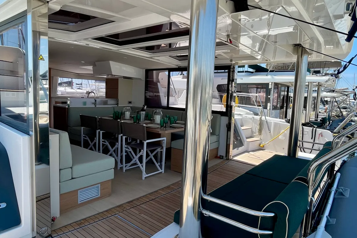 Salon of Romar IV, a Bali 4.8 catamaran at Athens, Greece