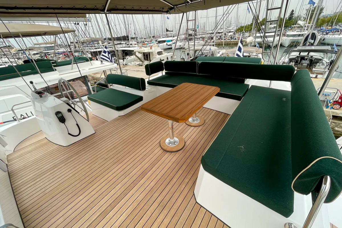 Deck of Romar IV, a Bali 4.8 catamaran at Athens, Greece