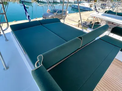 Deck of Romar IV, a Bali 4.8 catamaran at Athens, Greece