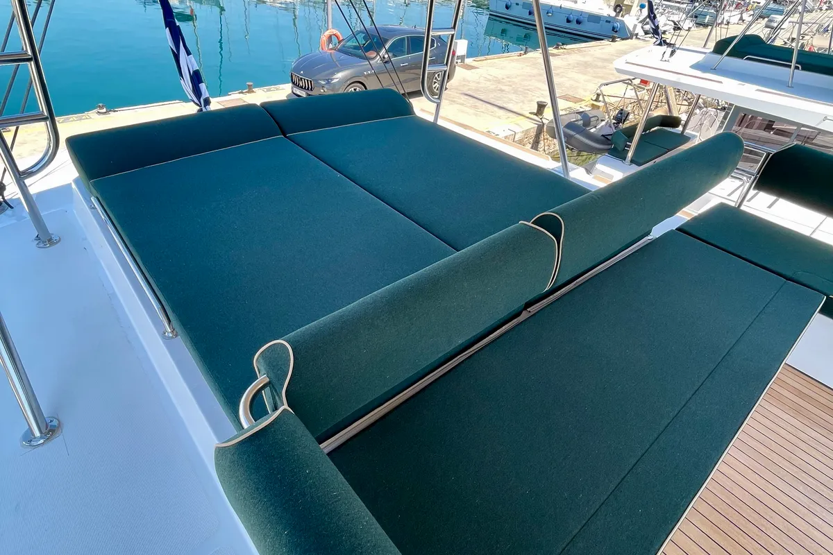 Deck of Romar IV, a Bali 4.8 catamaran at Athens, Greece