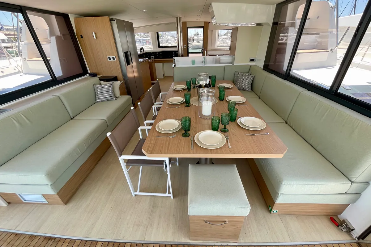 Salon of Romar IV, a Bali 4.8 catamaran at Athens, Greece