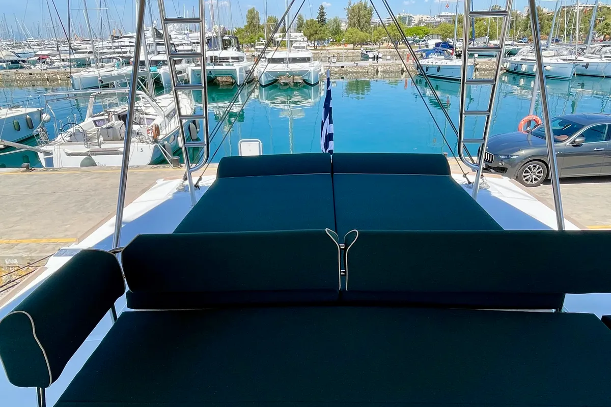 Deck of Romar IV, a Bali 4.8 catamaran at Athens, Greece