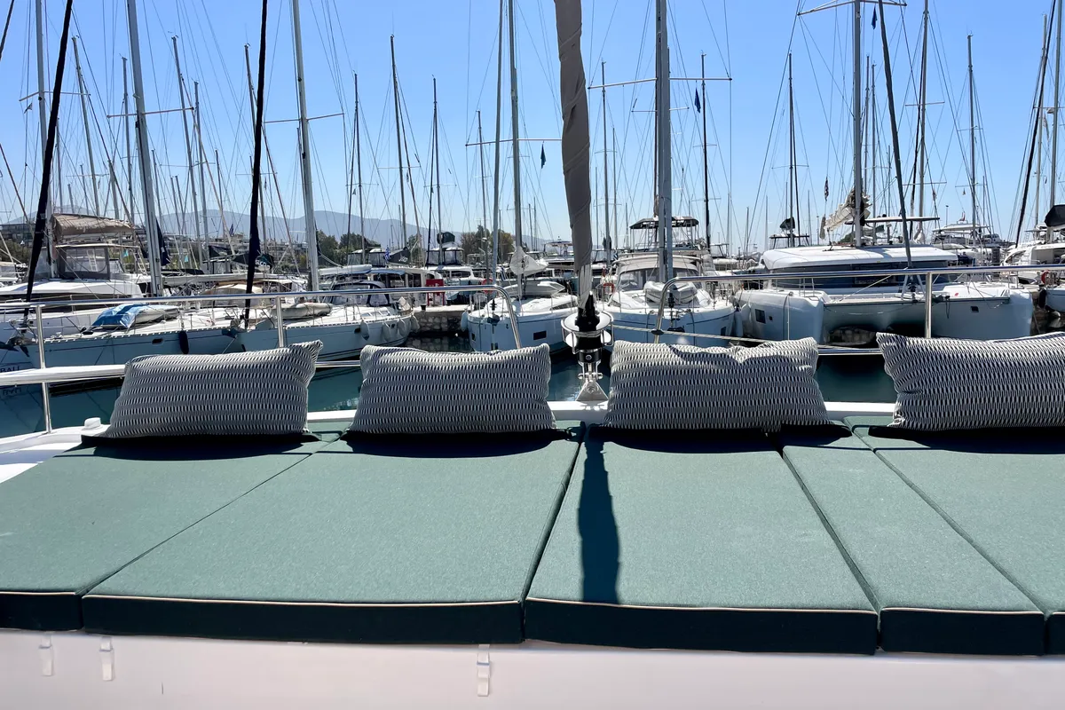 Deck of Romar IV, a Bali 4.8 catamaran at Athens, Greece