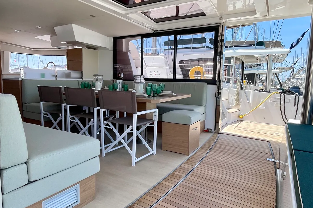 Salon of Romar IV, a Bali 4.8 catamaran at Athens, Greece