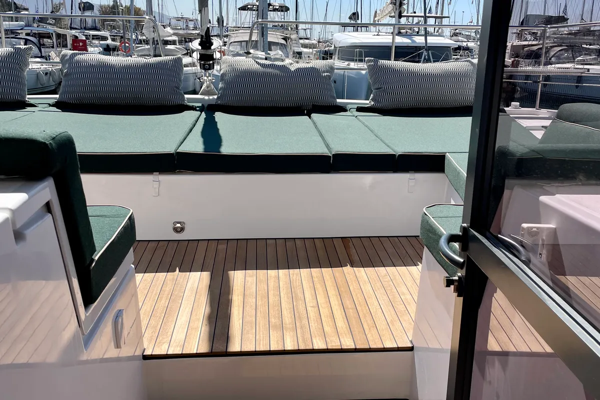 Deck of Romar IV, a Bali 4.8 catamaran at Athens, Greece