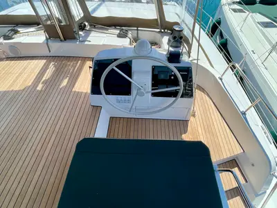 Cockpit of Romar IV, a Bali 4.8 catamaran at Athens, Greece