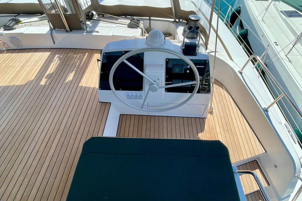 Cockpit of Romar IV, a Bali 4.8 catamaran at Athens, Greece