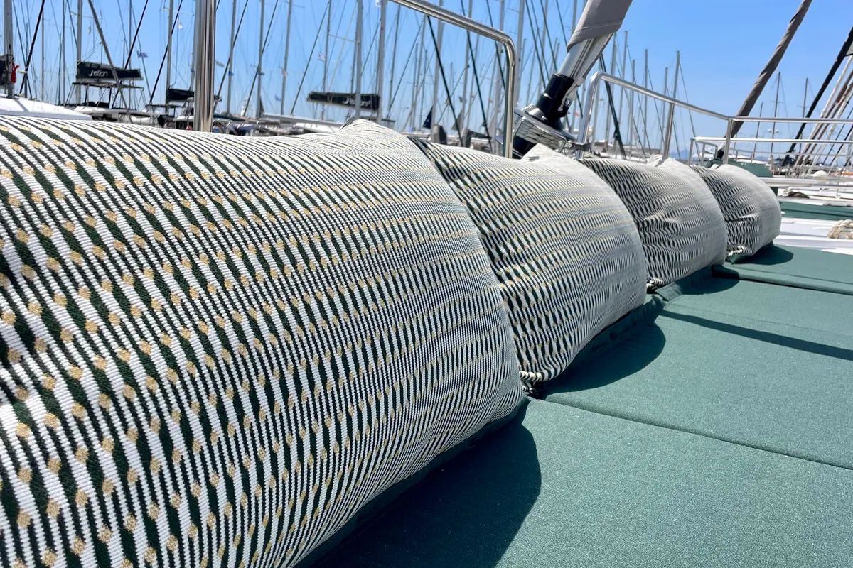 Deck of Romar IV, a Bali 4.8 catamaran at Athens, Greece