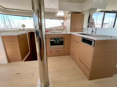 Galley of Romar IV, a Bali 4.8 catamaran at Athens, Greece