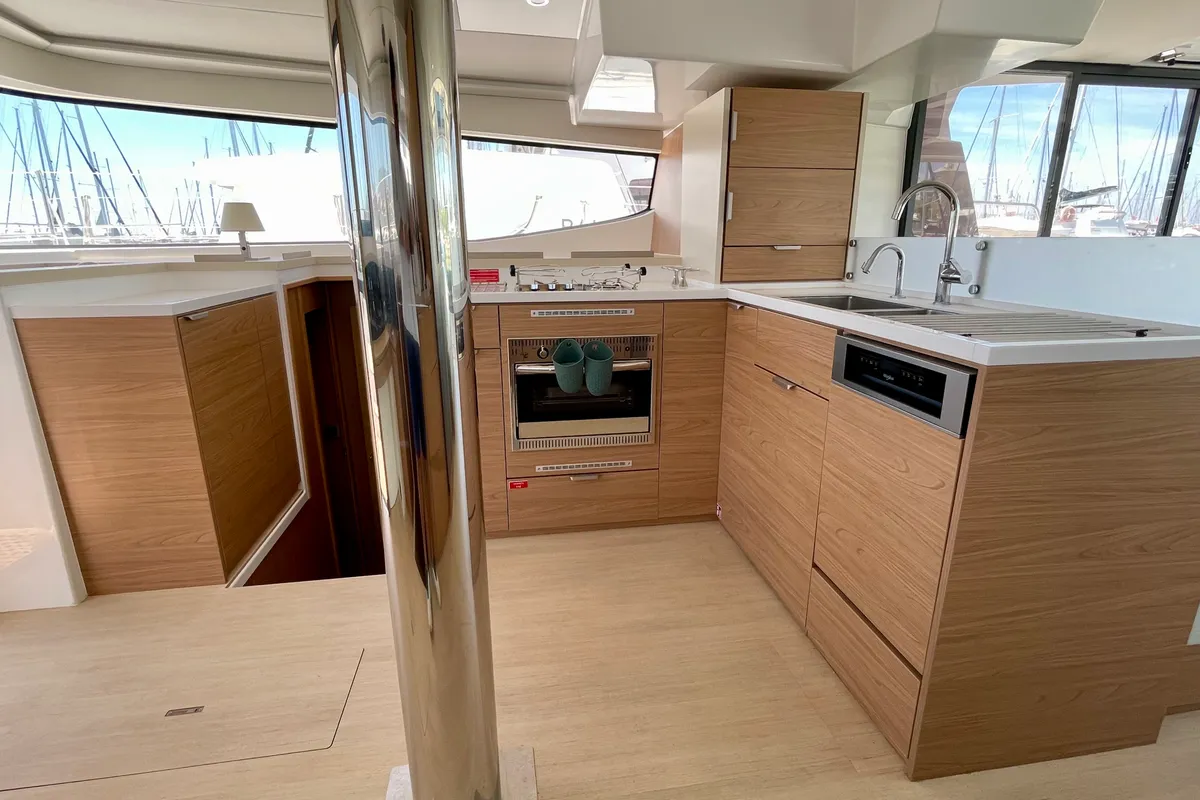 Galley of Romar IV, a Bali 4.8 catamaran at Athens, Greece
