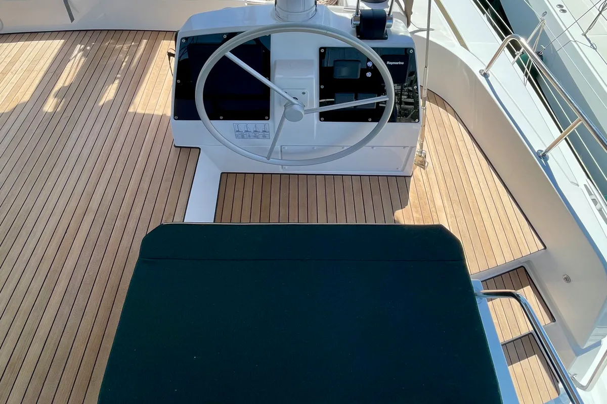 Cockpit of Romar IV, a Bali 4.8 catamaran at Athens, Greece