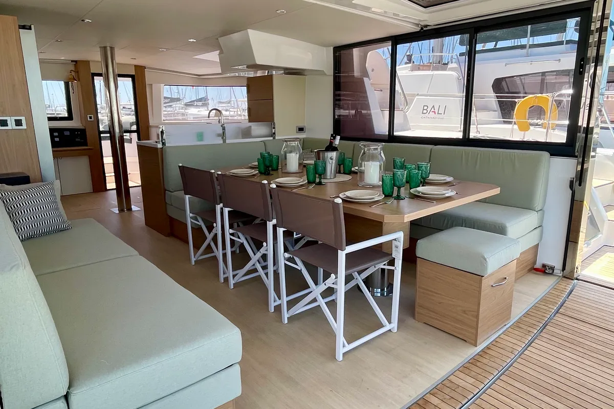 Salon of Romar IV, a Bali 4.8 catamaran at Athens, Greece